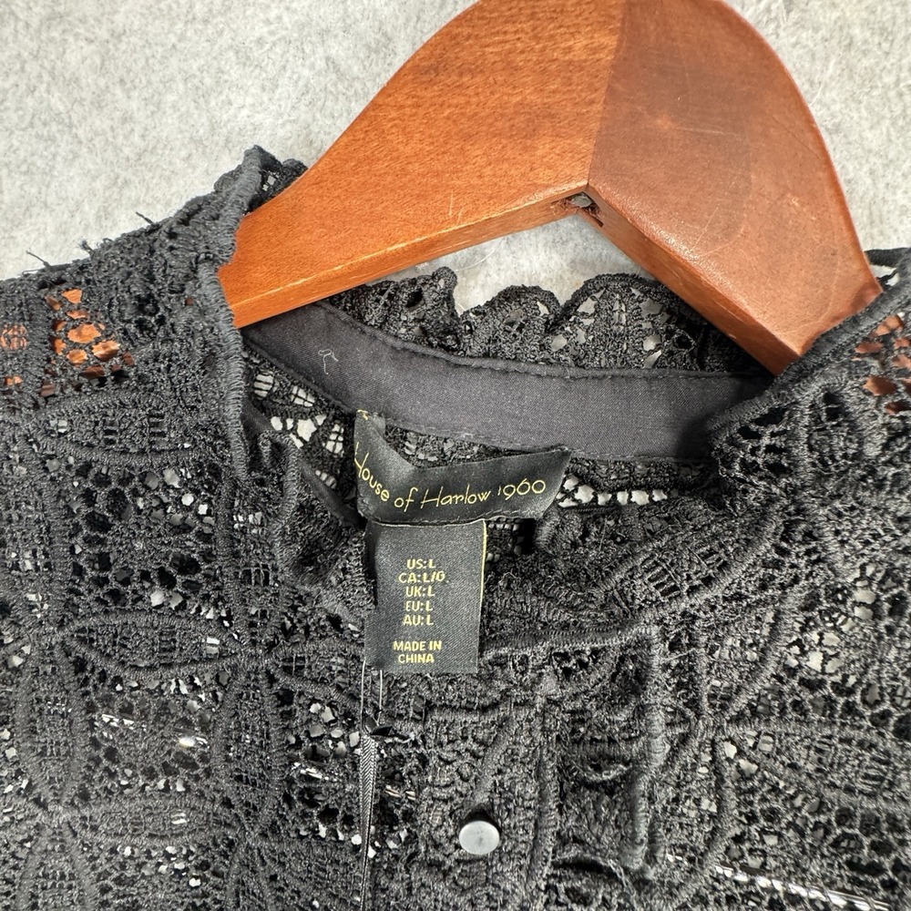House of Harlow 1960 Black Eyelet Ruffle Neck Button Front Blouse NWT L Floral - Picture 4 of 14
